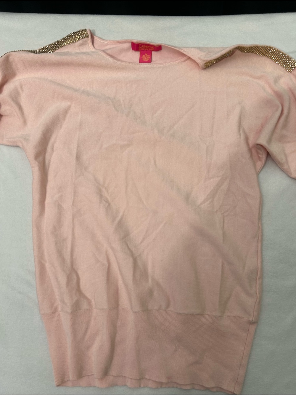 Catherine Malandrino Pink Crewneck Sweater with Gold Embellishment Cold Shoulder